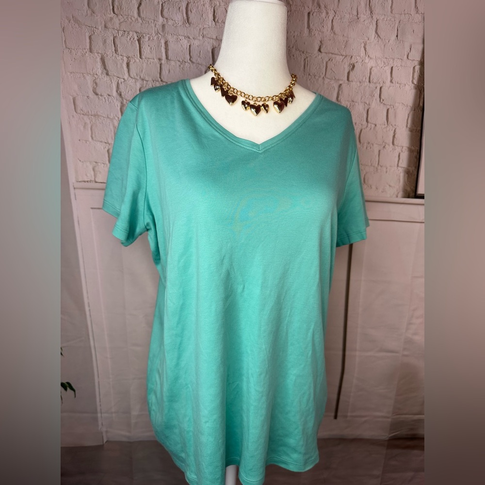 L.L. Bean‎ Aqua Short Sleeve V-Neck Top large